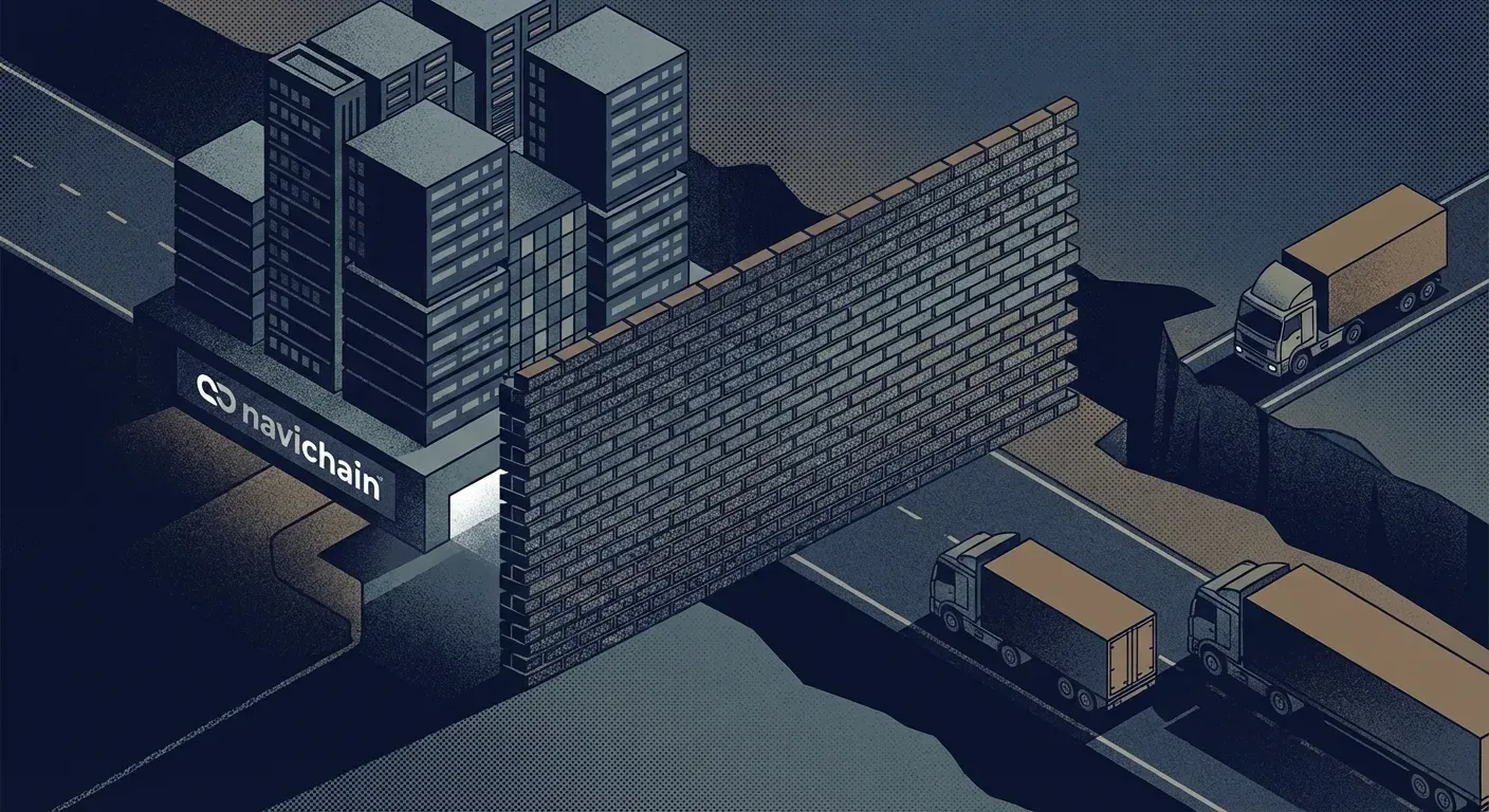 Lastbilar och digitala nätverk symboliserar integrationsparadoxen inom logistik.