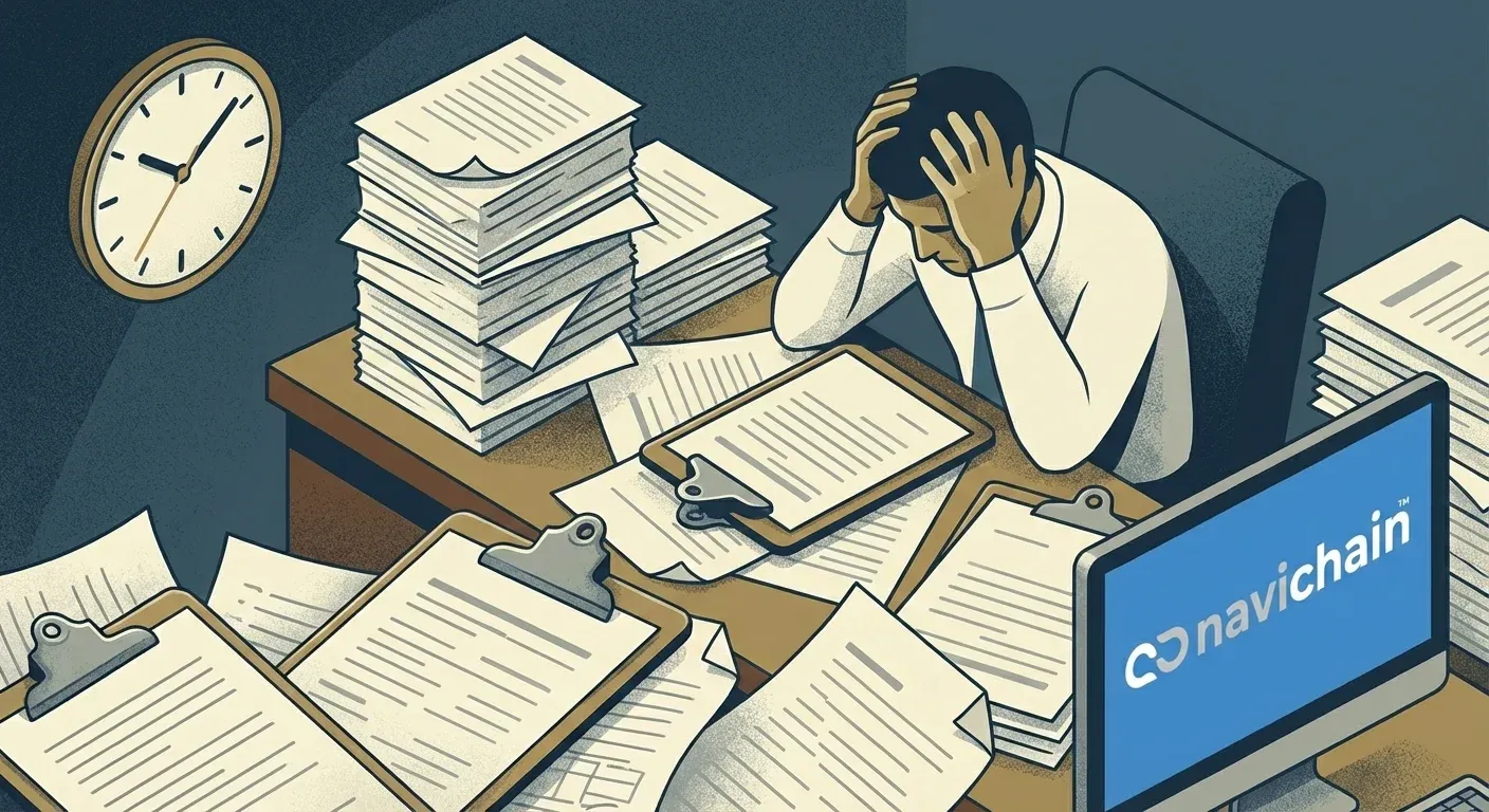 Transport manager struggling with a mountain of manual proof of delivery paperwork.