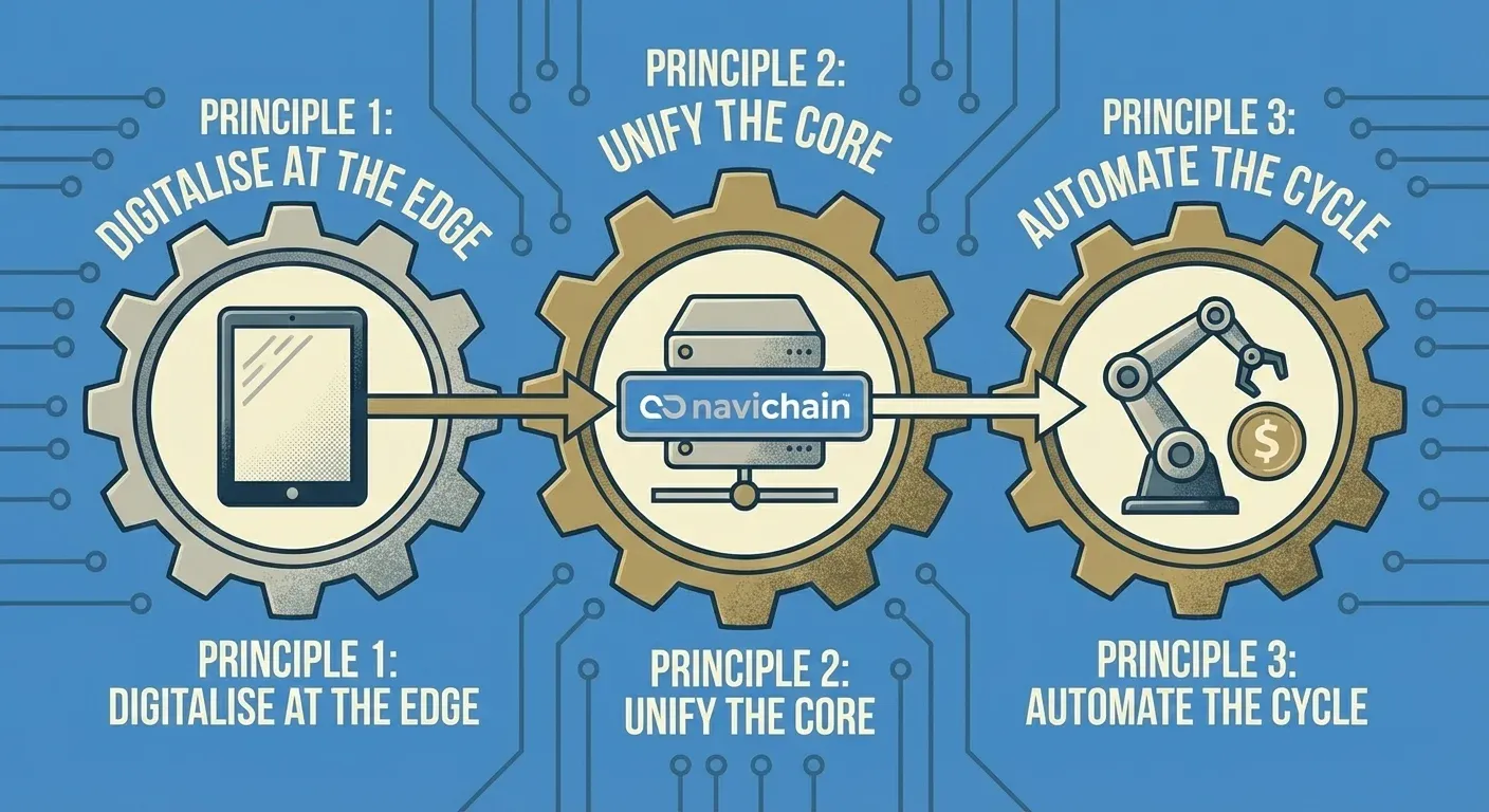 Diagram showing the move from manual logistics to automated systems for faster cash flow.