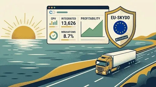 A logistics dashboard displays optimised routes and AI-driven insights within a secure sovereign cloud platform.