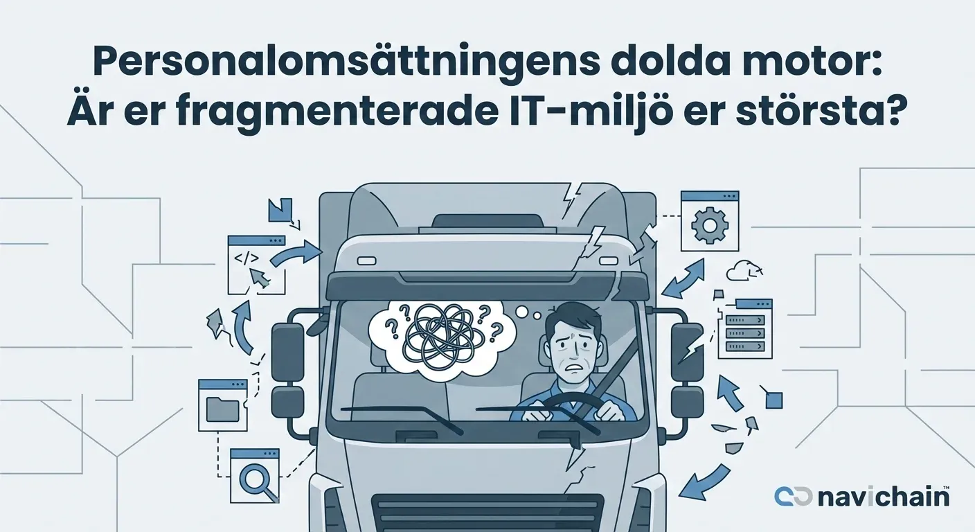 Lastbil på motorväg. Text: Personalomsättningens dolda motor: Är er fragmenterade IT-miljö er största?