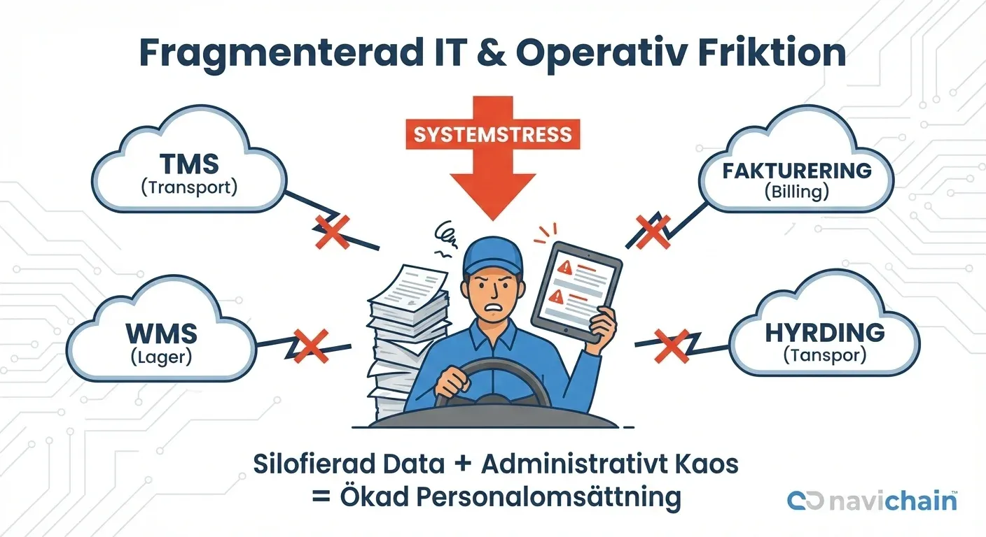 Stressad lastbilschaufför frustrerad över pappersarbete och ineffektiva system.