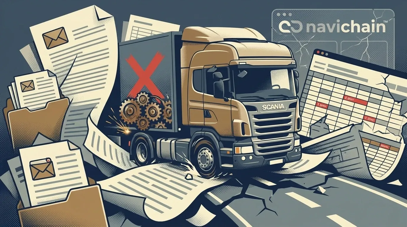Stressed transport planner swamped by paperwork highlighting inefficiency and data silos.