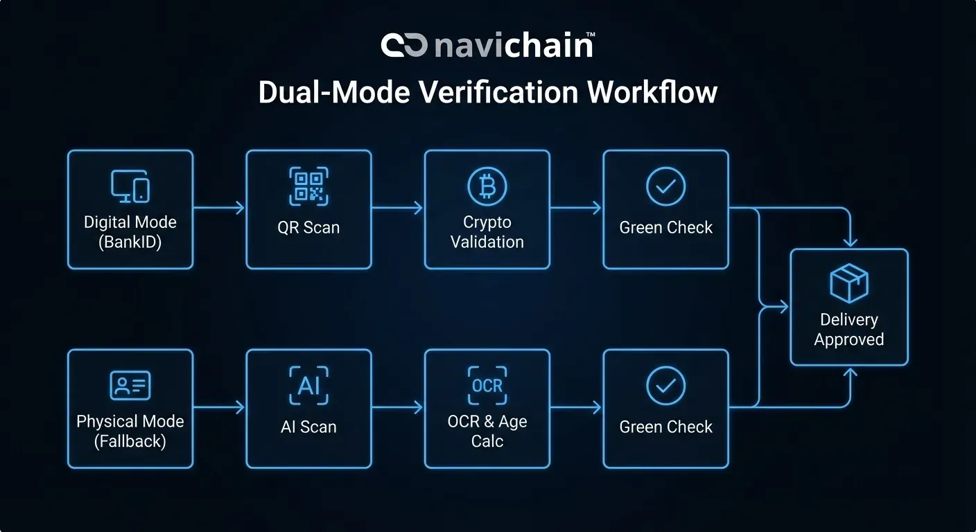 Diagram över Navichains processdrivna verifieringsflöde för ID-kontroll.