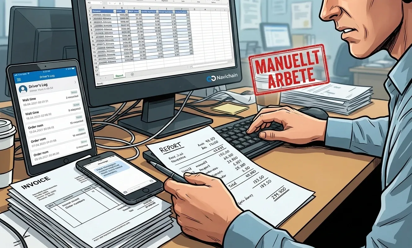 Frustrated logistics worker overwhelmed by screens, illustrating the challenge of disconnected systems.