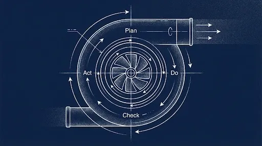 Schematisk bild av PDCA-cykeln som en kinetisk motor