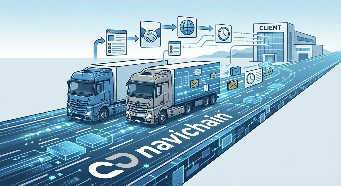 Trucks working seamlessly via a unified logistics platform, achieving effective collaboration.