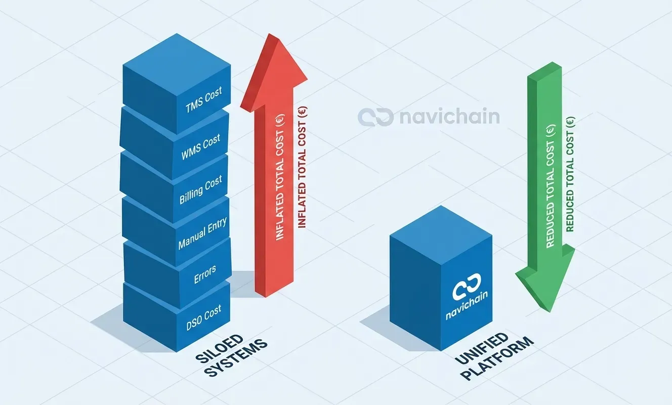 Stapeldiagram: Ineffektiv dataöverföring ökar risken för fel och försenar logistikprocesser, vilket leder till intäktsförluster.