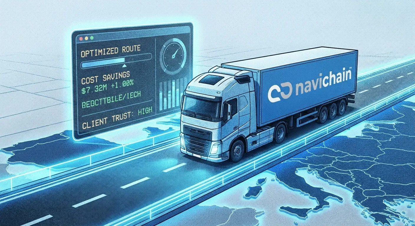 A logistics dashboard displays optimised routes and AI-driven insights within a secure sovereign cloud platform.