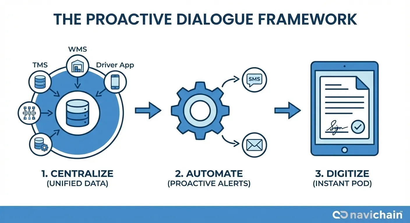 Interconnected logistics platform modules (TMS, WMS, etc) enabling data flow.
