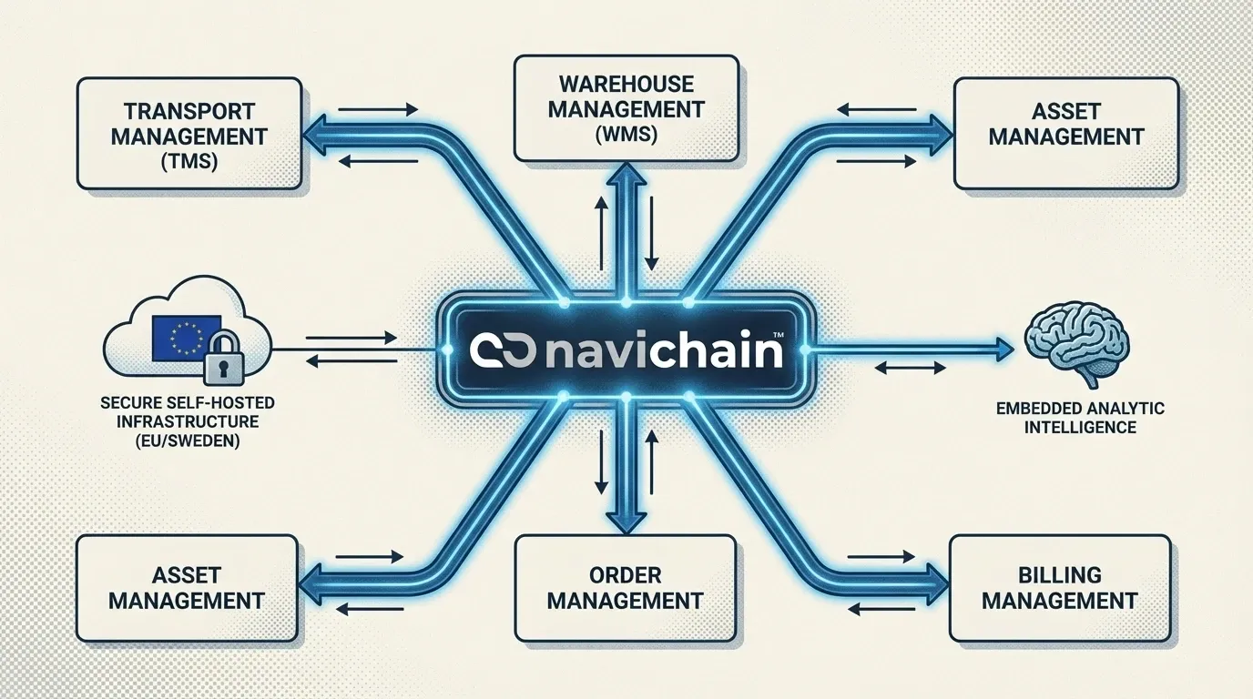 Schematic diagram of unified logistics platform streamlining data flow for SMEs.