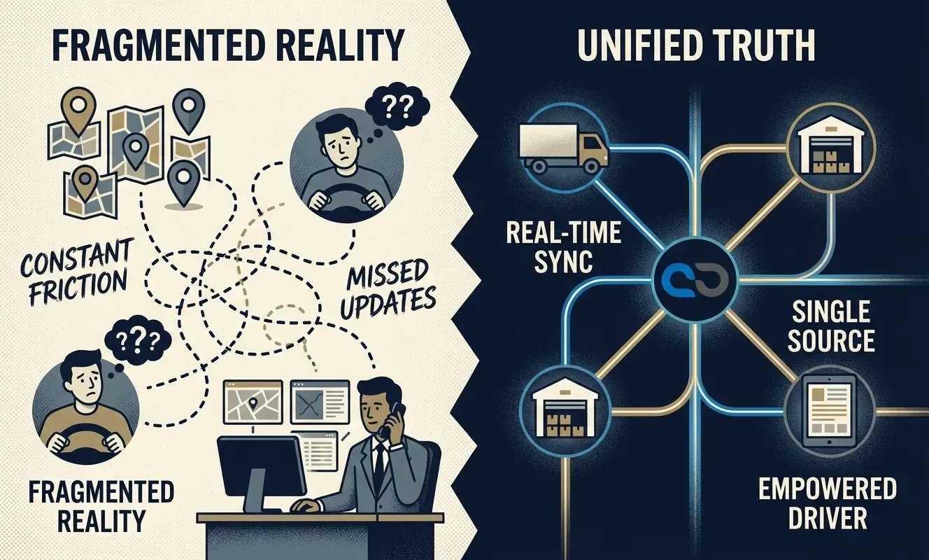 Lastbil på motorväg i solnedgången, representerar modern logistik och effektivitet.