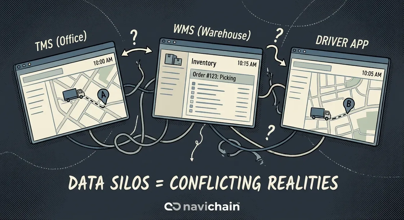 Förare och kontorspersonal i stressad kommunikation, symboliserar logistikproblem.