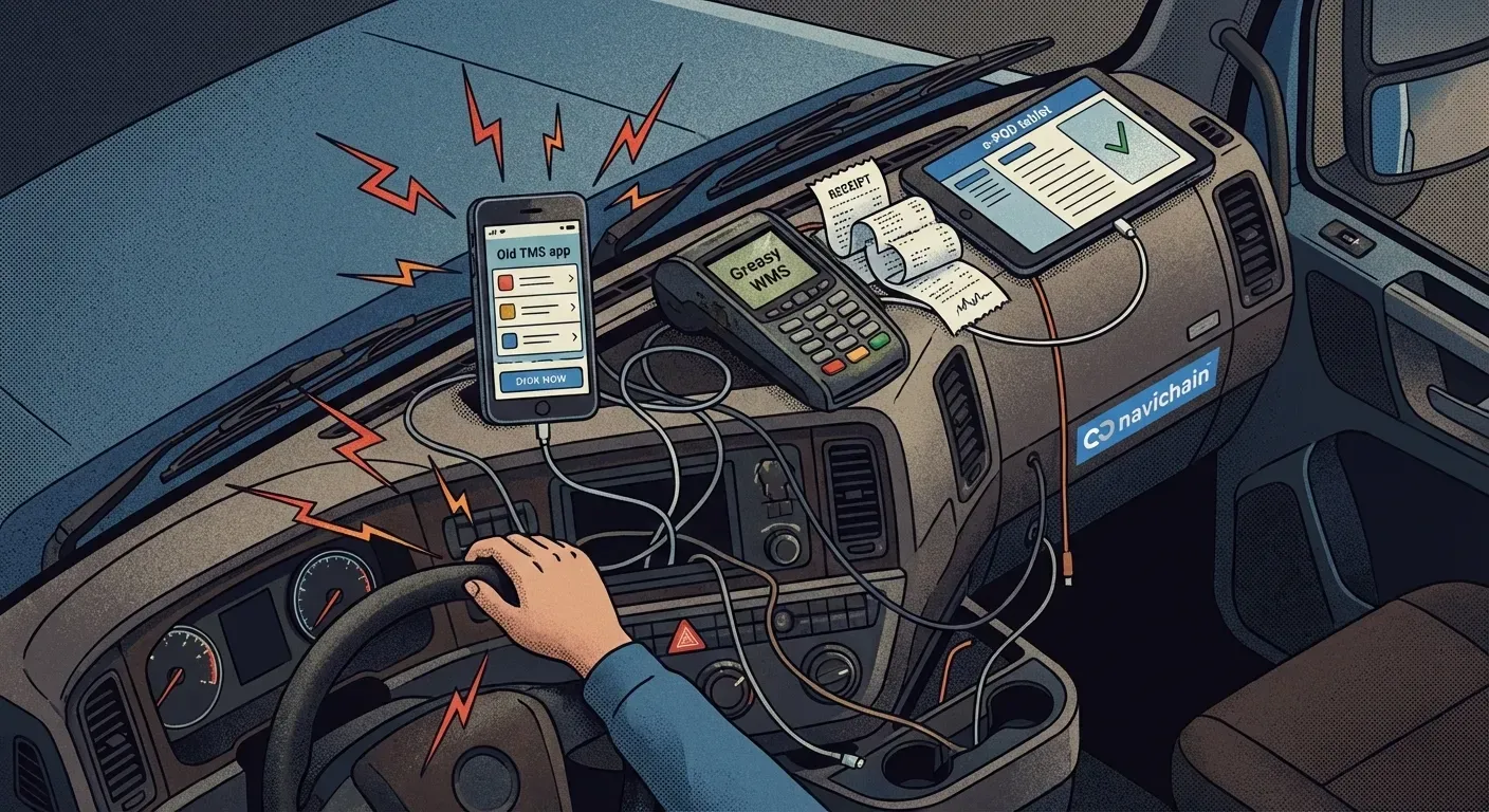 A stressed truck driver surrounded by paperwork illustrates the driver shortage in Europe.
