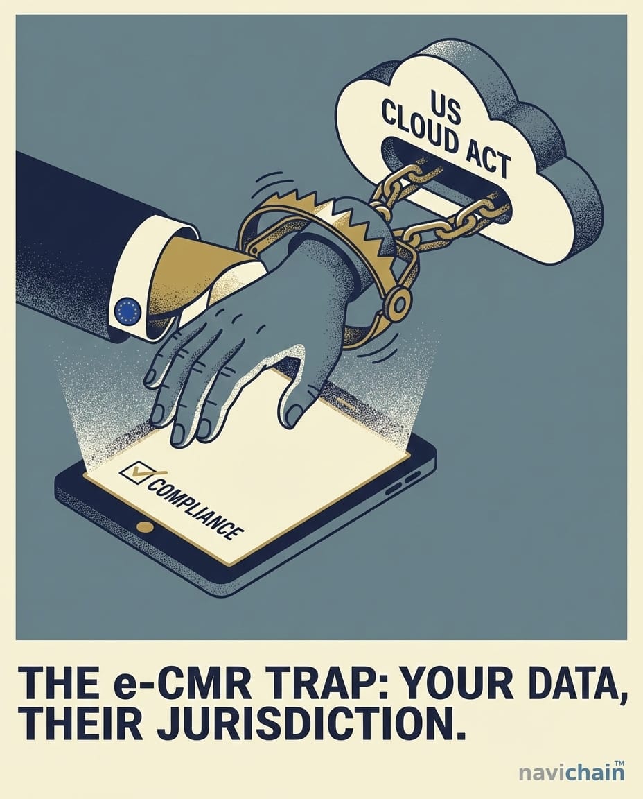 Lastbil med e-CMR logga, symboliserar digitalisering av transport och risk för data.