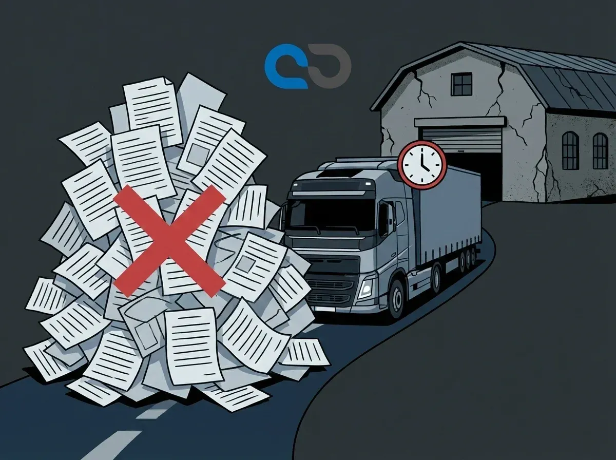 Close-up of crumpled CMR form highlighting the inefficiencies of traditional paper-based logistics.