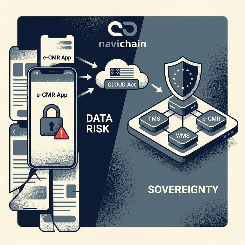 Haulage truck traversing a digital European map, symbolising e-CMR adoption and data risks.