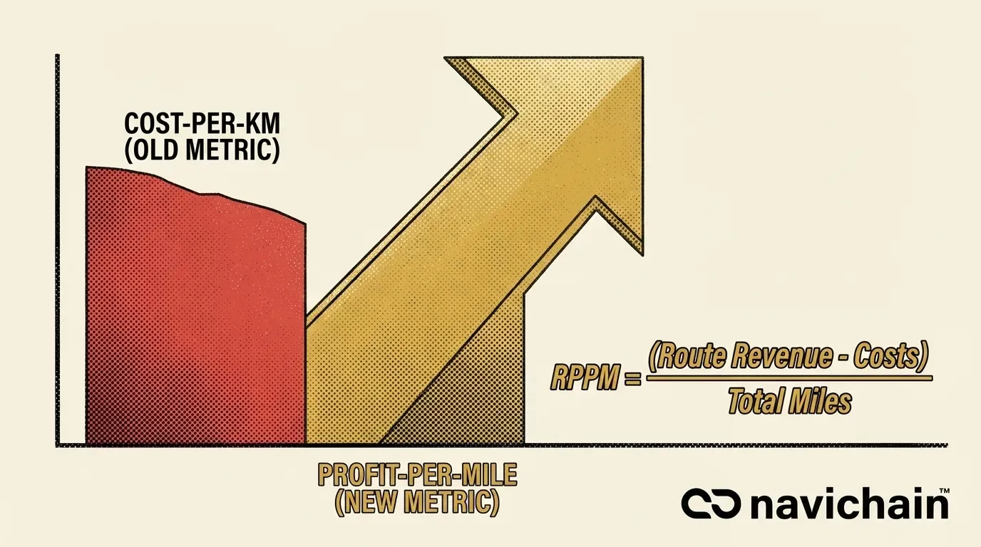 Diagram visar komponenterna i realtidsvinst per kilometer (RPPM): Intäkt, kostnader, sträcka.