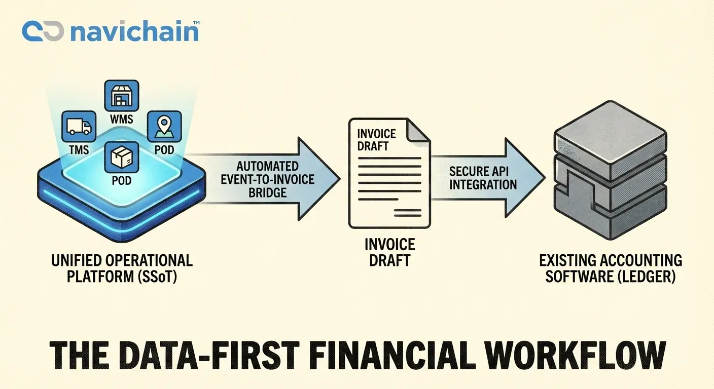Interconnected transportation, warehousing, and billing data flows in unified system.