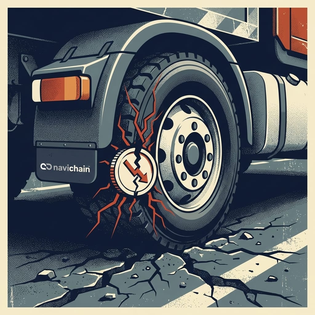 Scandinavian haulage truck on a deteriorated road; infrastructure impacting vehicle decay.