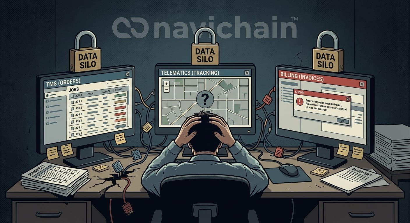 Frustrated logistics manager with paper, showing disconnected systems & manual support.