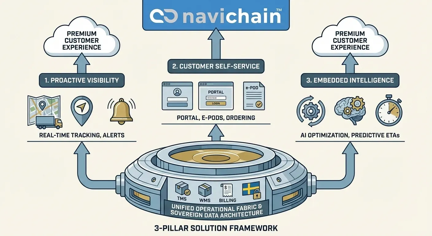 Data flows across TMS, WMS, Order, Asset, & Billing Management in unified fabric.