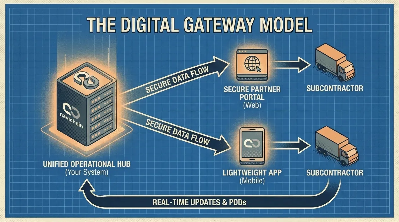 Schematisk översikt av 'Digital Gateway'-modellen för säker datahantering i logistik.