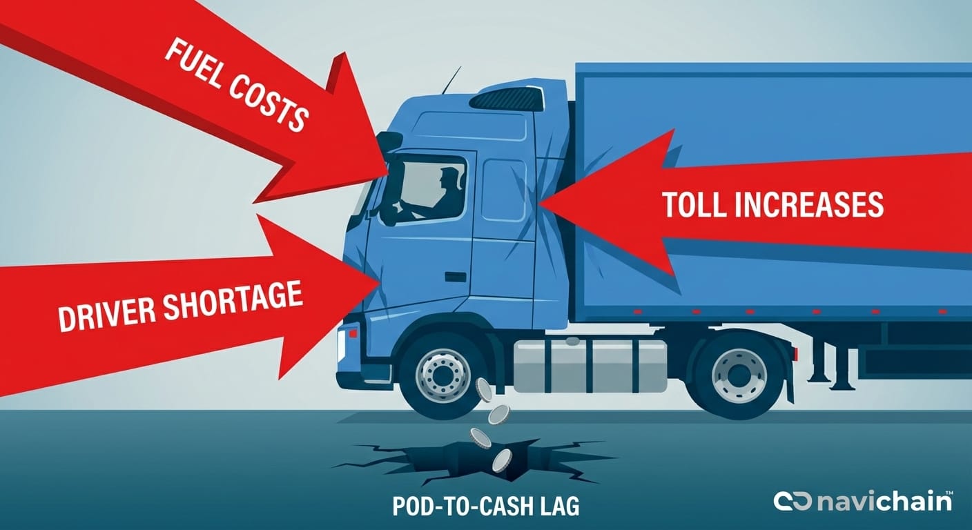 Stressed logistics manager at desk covered in invoices, highlighting operational pressure.
