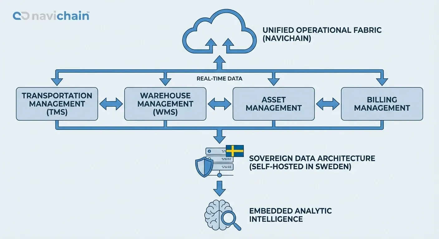 Översikt av en motståndskraftig logistikplattform med integrerade system och datasuveränitet.