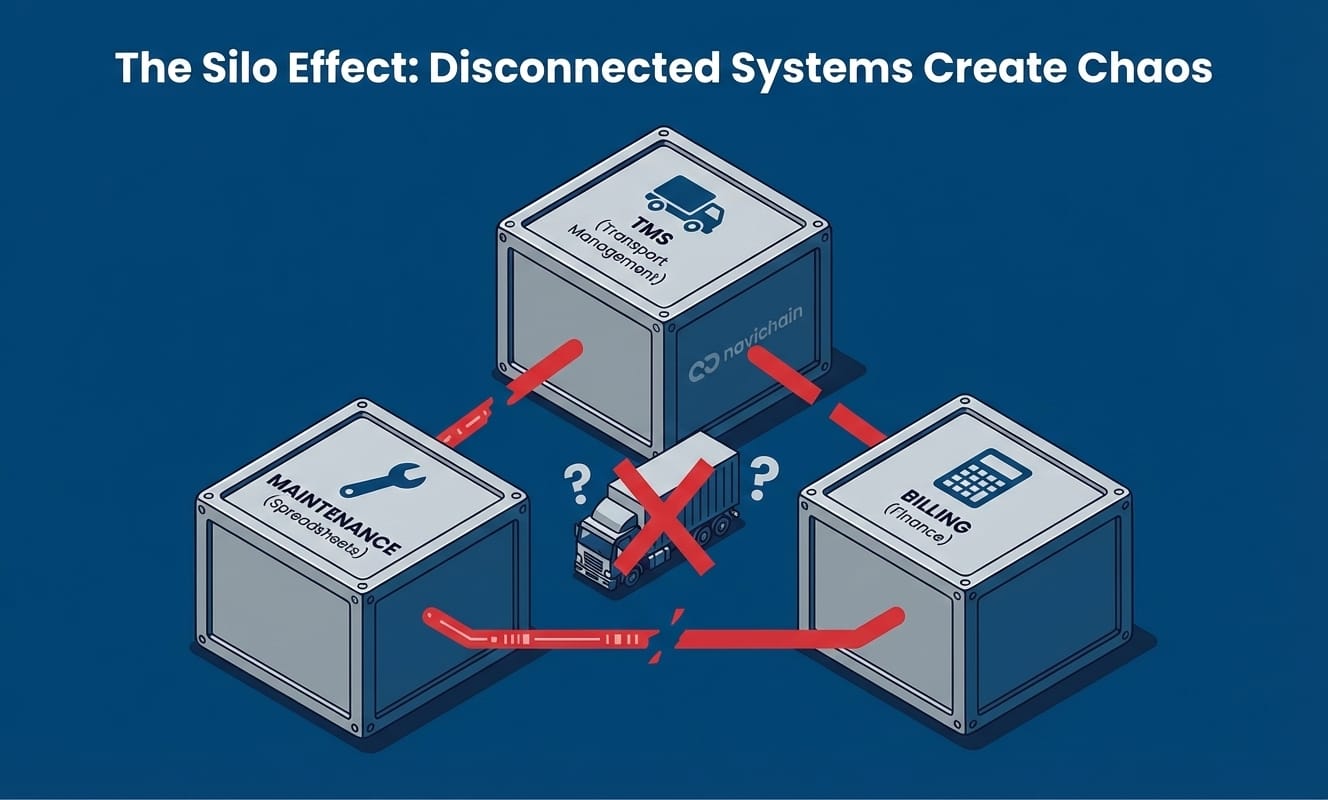 Illustrating data silos in logistics preventing real-time visibility and causing scheduling conflicts.