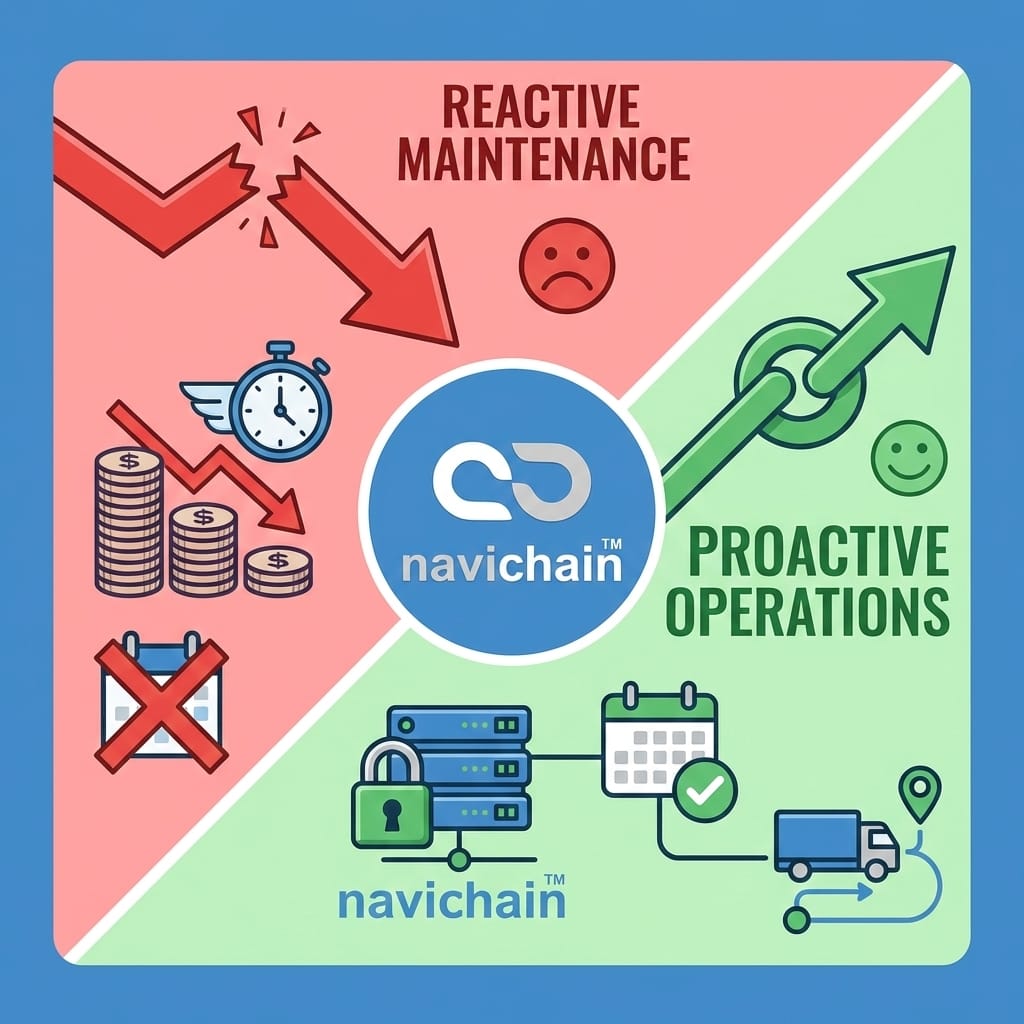 En lastbil som kör genom ett dimmigt landskap, symboliserande logistik och underhåll.