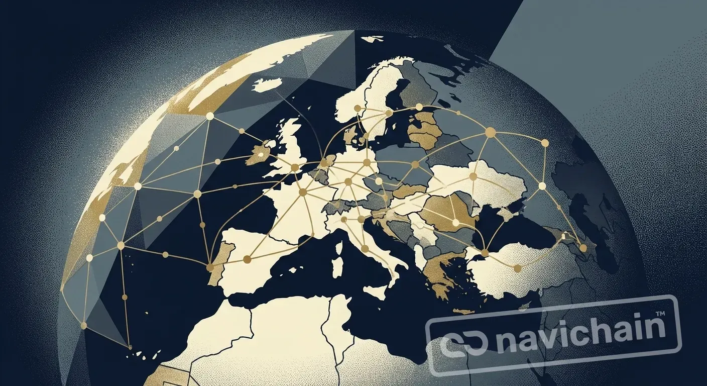 Europakarta med logistikflöden, som symboliserar kontroll, transparens och modern logistik.