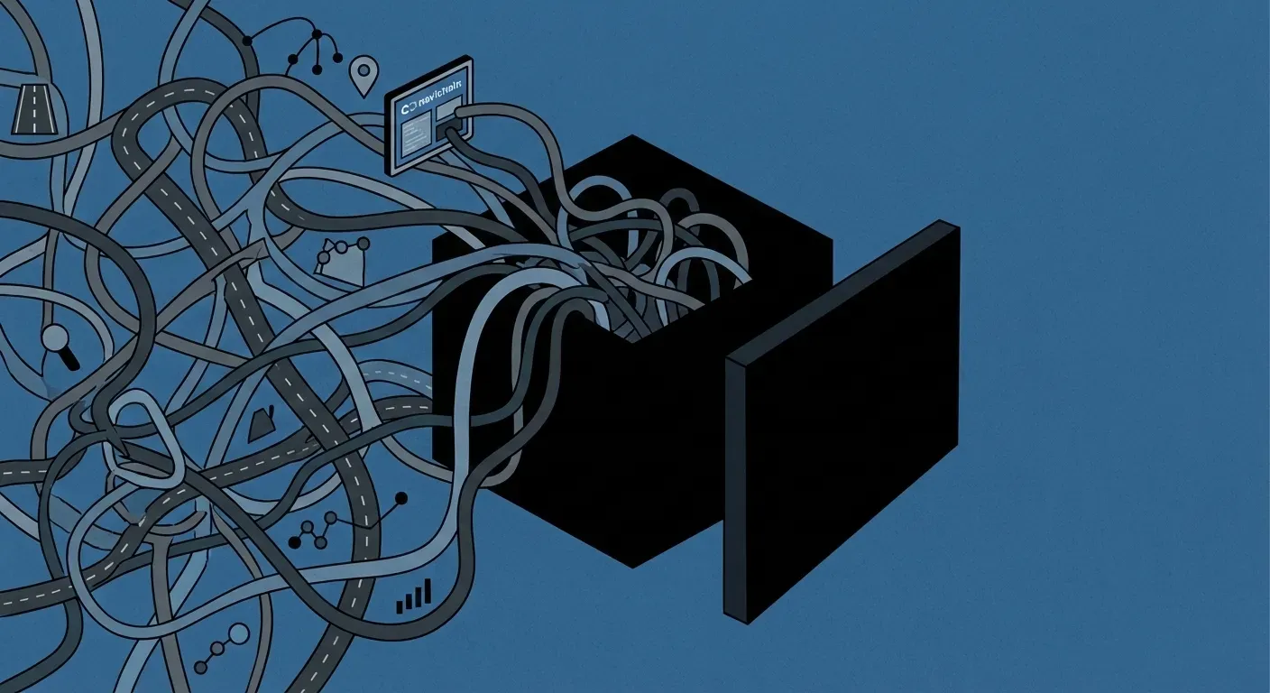 Bristande insyn i leveranskedjan visas som en mörk och komplex labyrint.