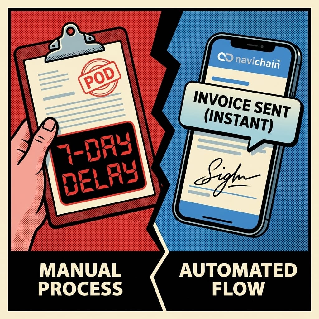 Logistics truck delivering goods, highlighting the crucial Proof of Delivery process for payment confirmation.