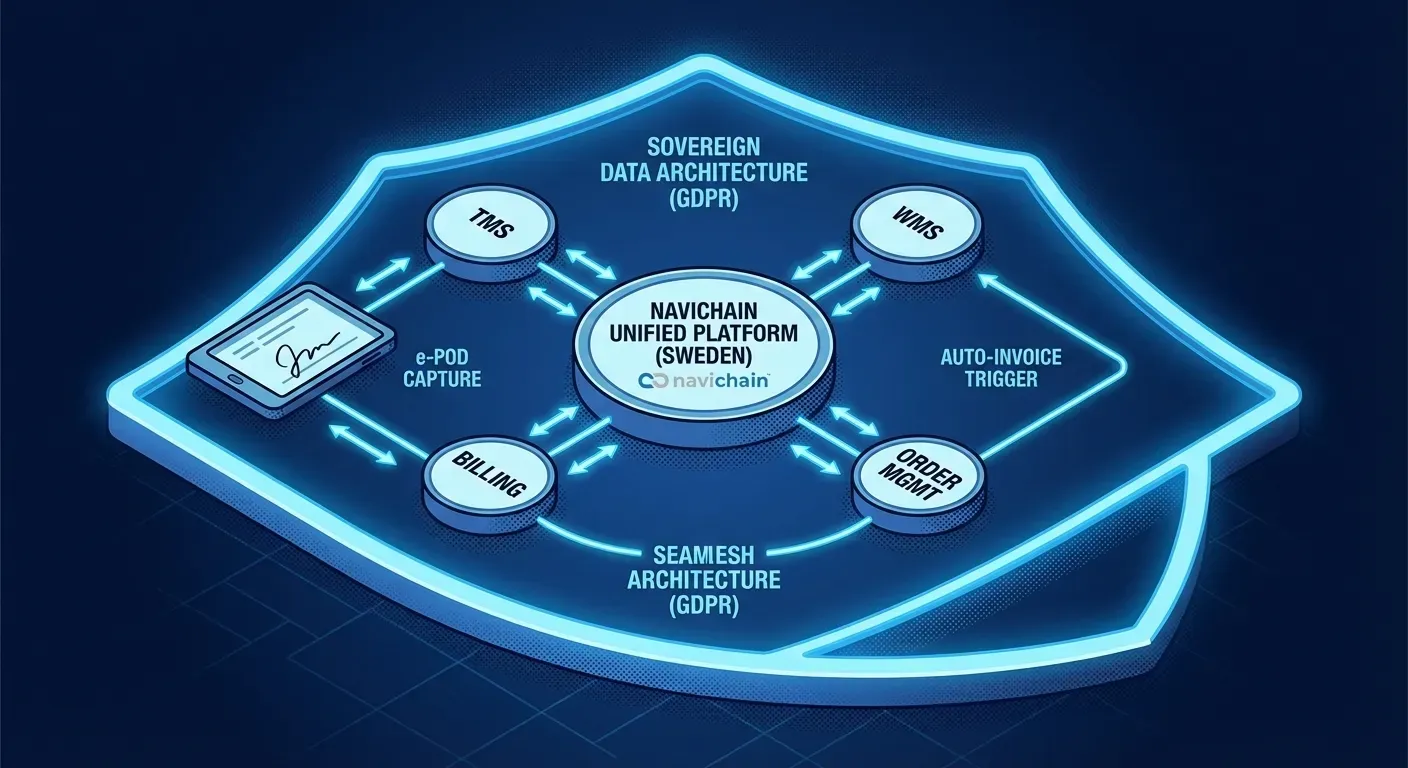 Schematic showing how fragmented systems create POD lag, impacting cash flow and requiring platform unification.
