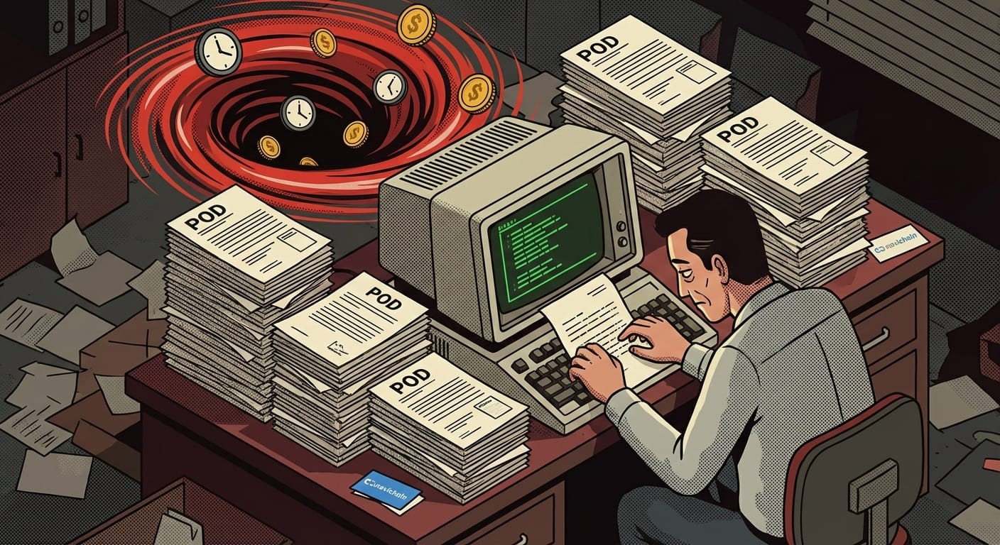 Illustration av ett papper POD som fladdrar iväg, symboliserar förlorad intäkt och försenad fakturering.