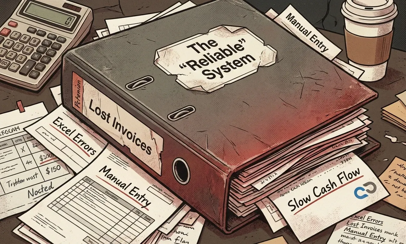 Ett stökigt kontor: pappersarbetsöverbelastning som illustrerar ineffektivitet för ett skandinaviskt SME-åkeri.