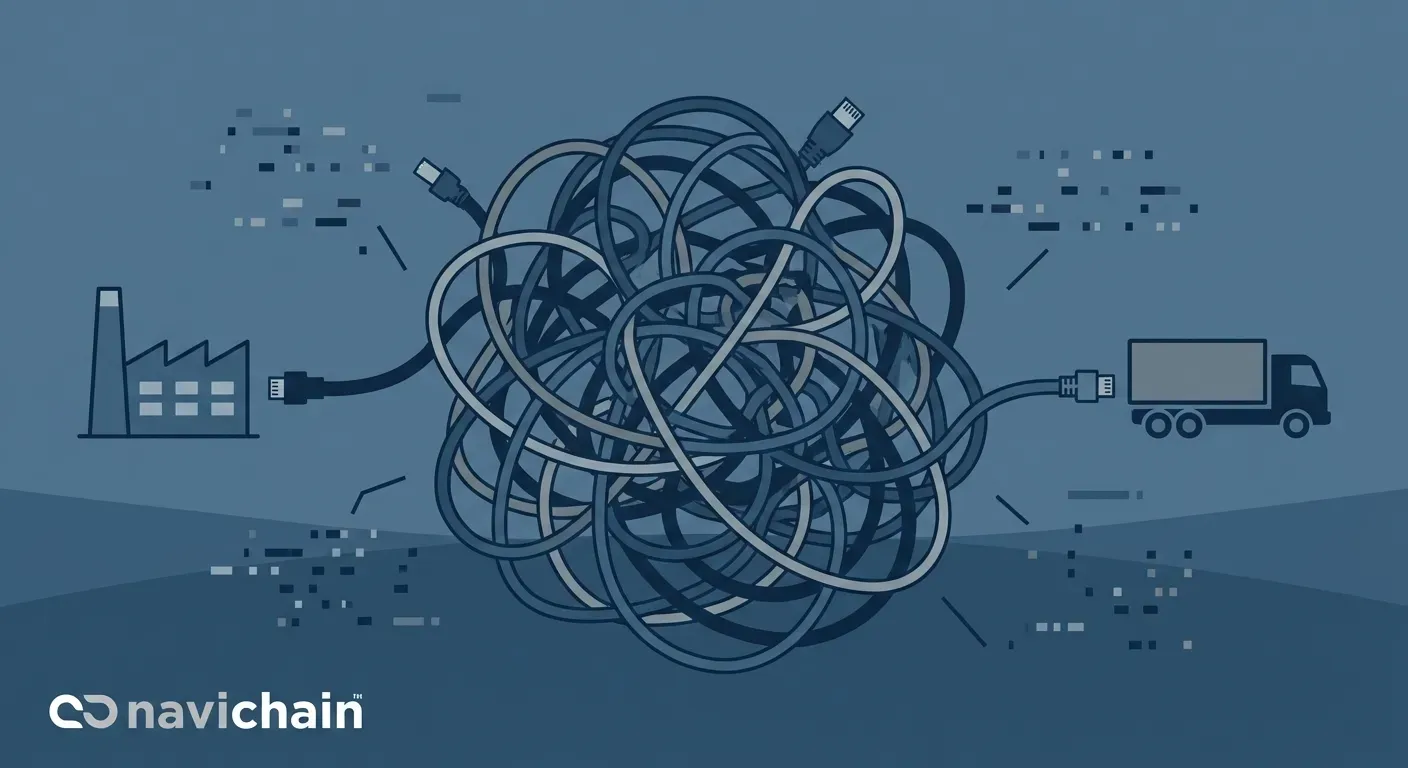 Fragmented network showing data silos hindering supply chain visibility for beneficial cargo owners.