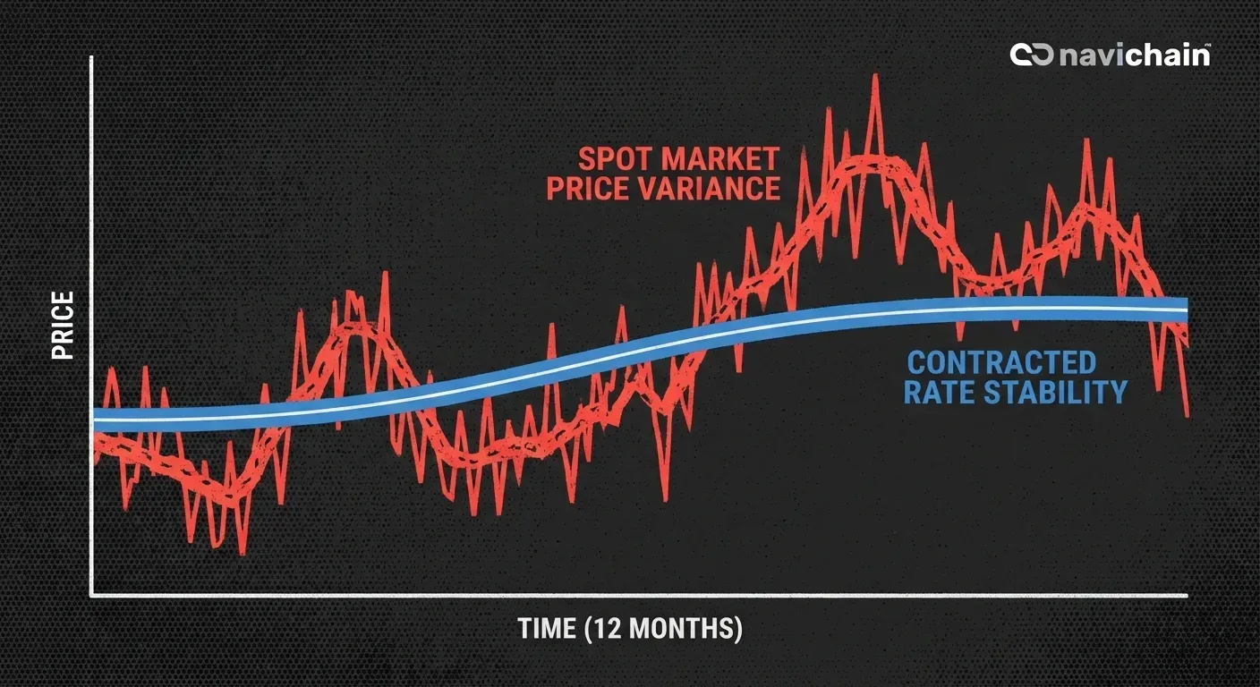 Schematisk översikt över utmaningar i fragmenterad åkerimarknad och datasuveränitetens fördelar för varuägare.