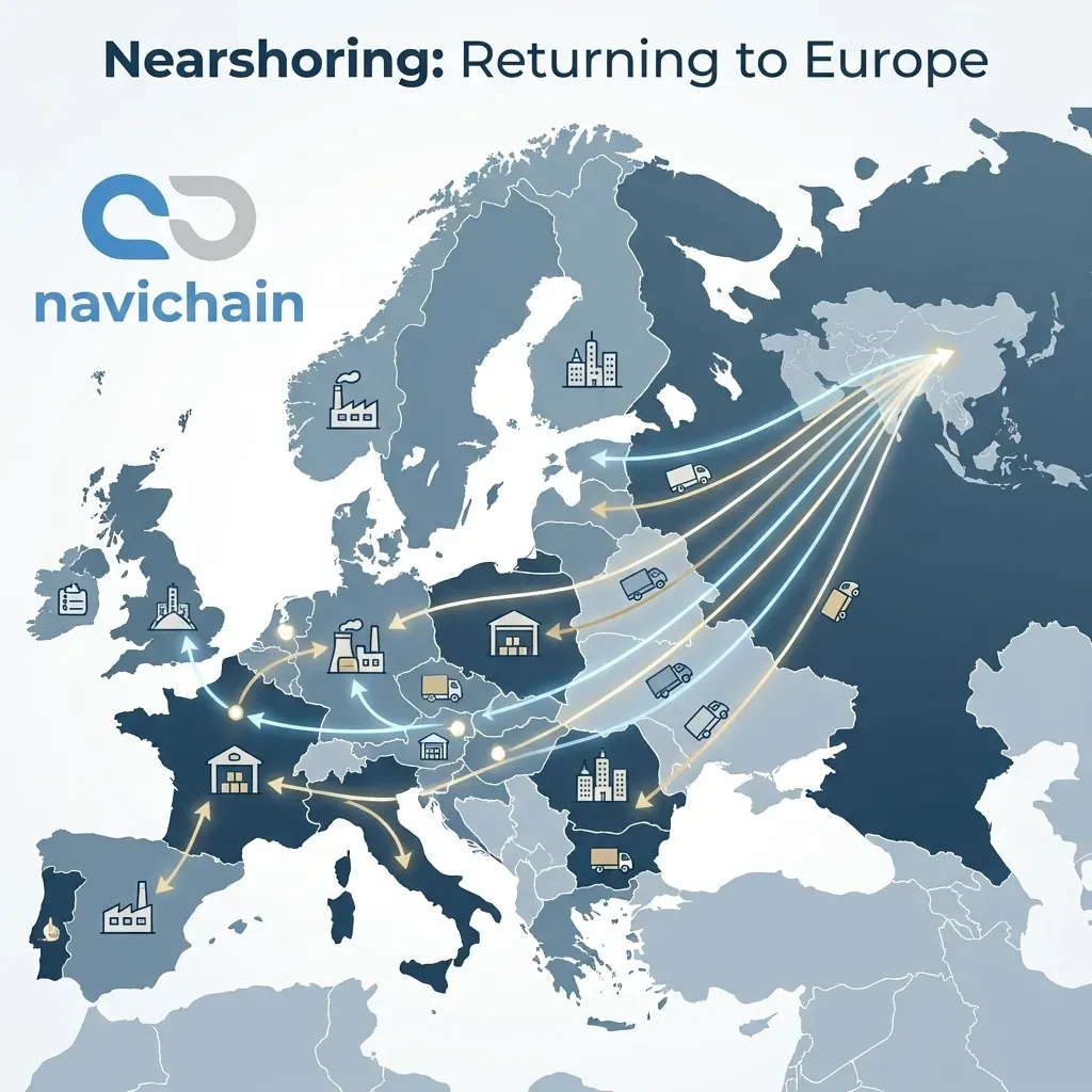 A schematic showcasing a flexible and agile supply chain, highlighting diverse sourcing and dynamic routing.