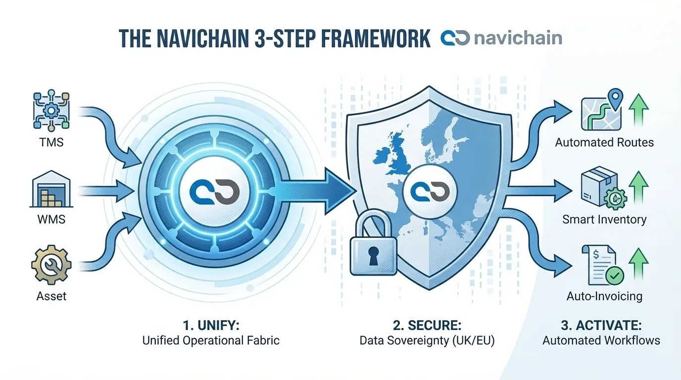 Diagram outlining a 3-step data unification framework: Unify, Secure, and Activate for logistics SMEs.