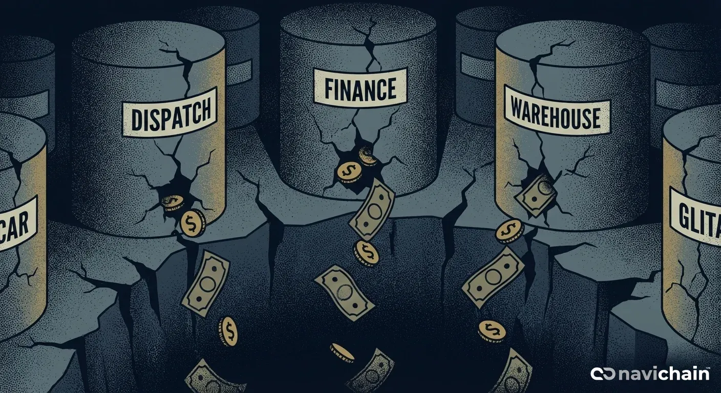Illustration showing fragmented logistics data as roadblocks hindering a small or medium enterprise.