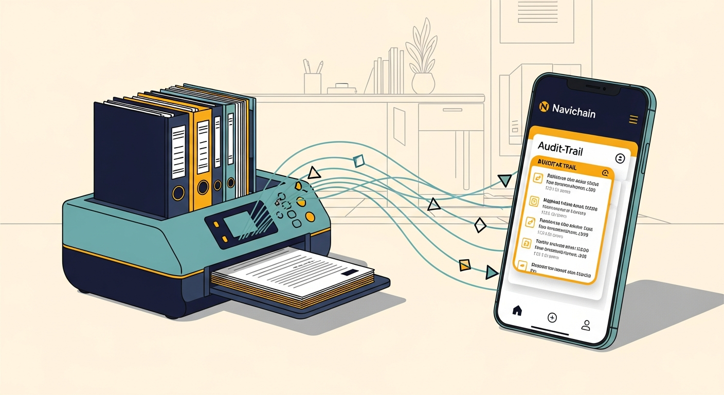 Navichain mobilapp med digital audit-trail och CAPA-verktyg som ersätter papperspärmar för SME-åkerier, symboliserar kvalitet och compliance.