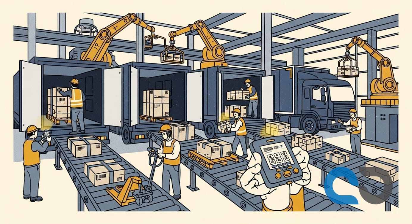 Illustration av en lastbil och en lagerbyggnad sammankopplade med digitala linjer, symboliserande Navichains integrerade TMS och WMS-lösning för end-to-end logistik och artikelspårbarhet.