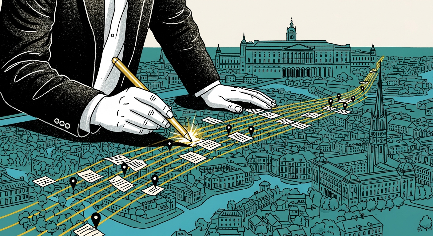 Schematisk bild som visar Navichains visuella transportplanering med drag-and-drop-gränssnitt, orderpool och fordonsrutter på en interaktiv karta.
