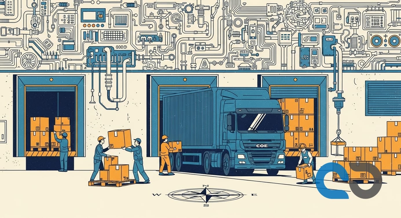 Grafisk illustration som visar ett öppet logistikekosystem med Navichain i centrum, kopplat till affärssystem, lager, åkerier och kundportal.