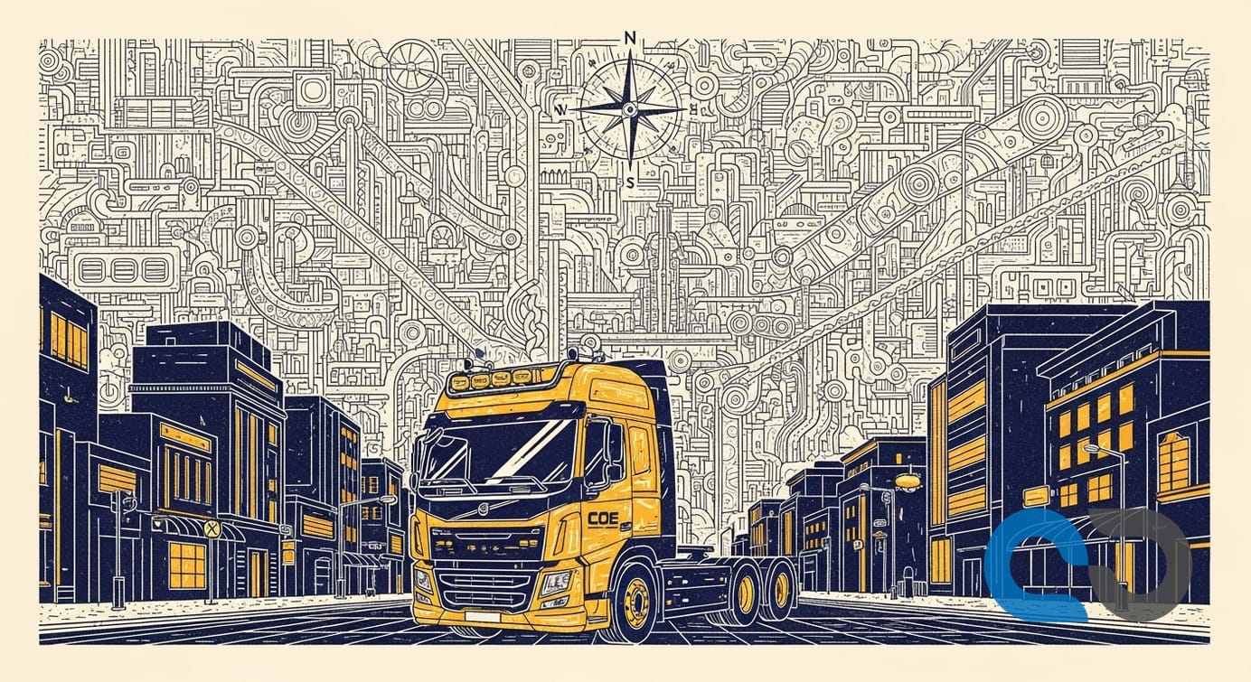 En lastbil kör på en väg i solnedgången, symboliserande optimerad rutt och lönsam transport med dynamisk prissättning.