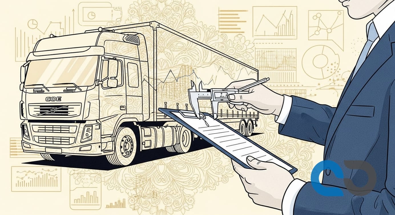 Lastbil på väg genom grön natur med solnedgång, symboliserande hållbar logistik och digitalisering.