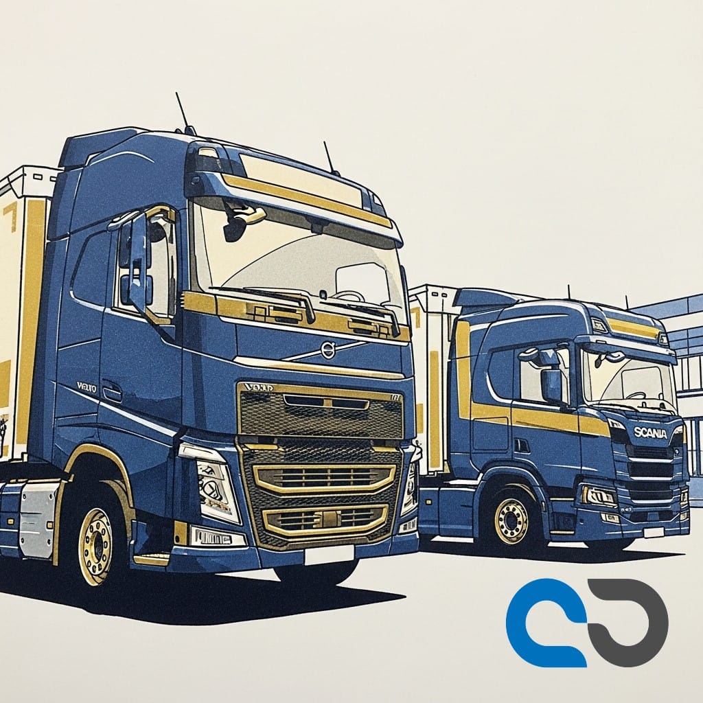 Lastbil på väg med en överlagd bild av datakod, symboliserande datainsamling och spionage. Illustrerar hotet mot transportdata.
