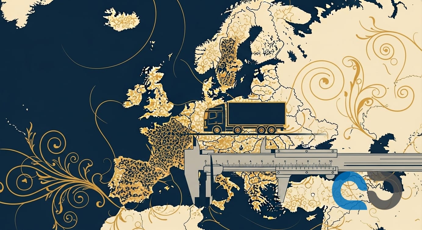 Lastbil på väg med en överlagd bild av datakod, symboliserande datainsamling och spionage. Illustrerar hotet mot transportdata.